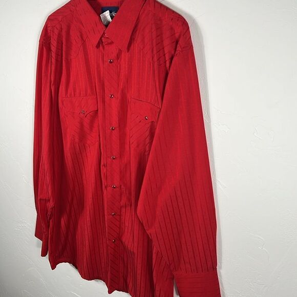🔥🔥 Vintage WRANGLER Pearl Snap Western Cowboy LS Shirt Red Pinstriped 2XLT - E - Picture 4 of 8